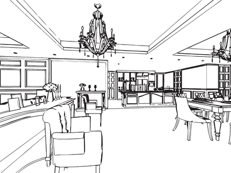 outline sketch drawing perspective of a interior spaceのイラスト素材