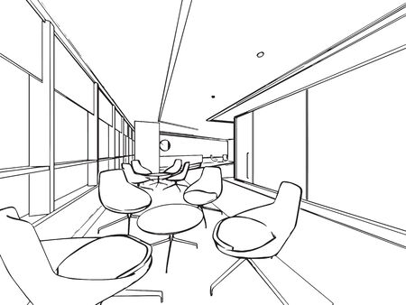 interior outline sketch drawing perspective of a space officeのイラスト素材