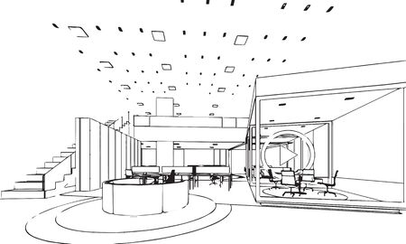 interior outline sketch drawing perspective of a space officeのイラスト素材