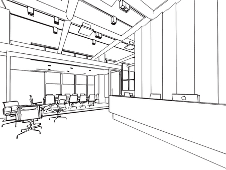 interior outline sketch drawing perspective of a space officeのイラスト素材