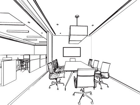 interior outline sketch drawing perspective of a space officeのイラスト素材