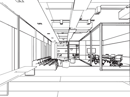 interior outline sketch drawing perspective of a space officeのイラスト素材