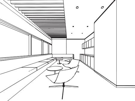 interior outline sketch drawing perspective of a space officeのイラスト素材