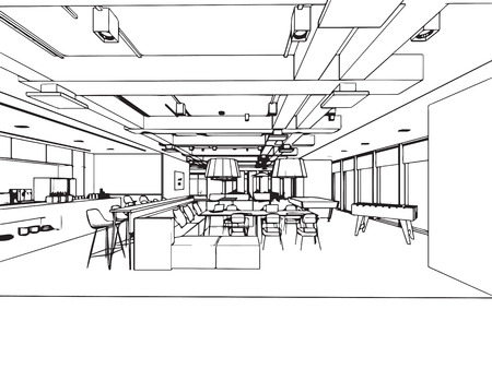 interior outline sketch drawing perspective of a space officeのイラスト素材