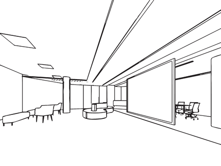 interior outline sketch drawing perspective of a space officeのイラスト素材