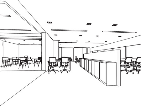 interior outline sketch drawing perspective of a space officeのイラスト素材