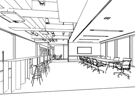 interior outline sketch drawing perspective of a space officeのイラスト素材