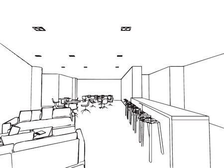 interior outline sketch drawing perspective of a space officeのイラスト素材
