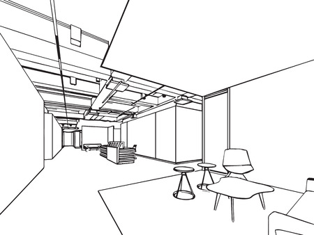 interior outline sketch drawing perspective of a space officeのイラスト素材