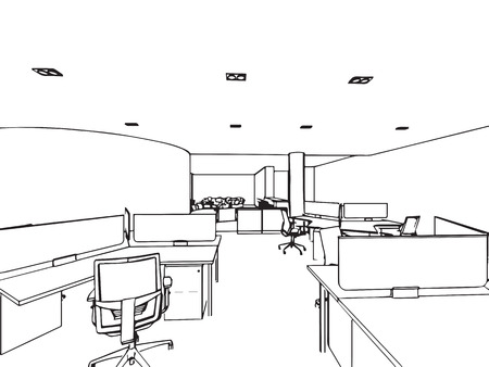 interior outline sketch drawing perspective of a space officeのイラスト素材
