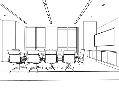 interior outline sketch drawing perspective of a space officeのイラスト素材