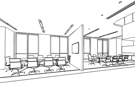 interior outline sketch drawing perspective of a space officeのイラスト素材