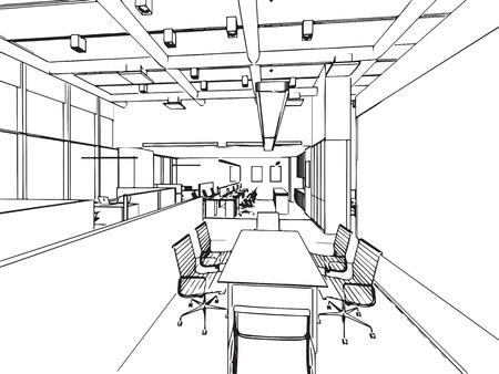 interior outline sketch drawing perspective of a space officeのイラスト素材