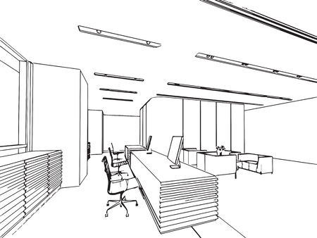 interior outline sketch drawing perspective of a space officeのイラスト素材