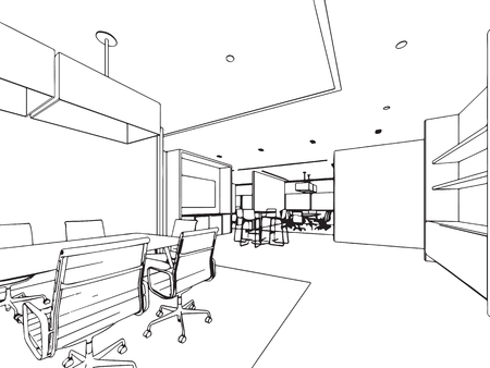 interior outline sketch drawing perspective of a space officeのイラスト素材
