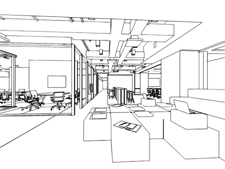 interior outline sketch drawing perspective of a space officeのイラスト素材