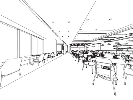 interior outline sketch drawing perspective of a space officeのイラスト素材