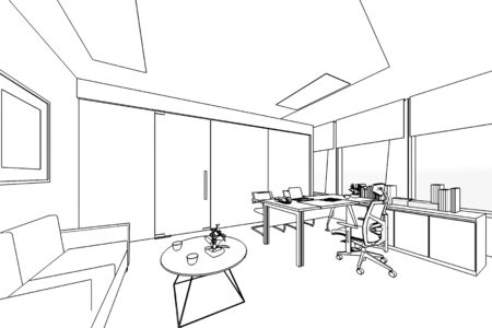 interior outline sketch drawing perspective of a space officeの写真素材