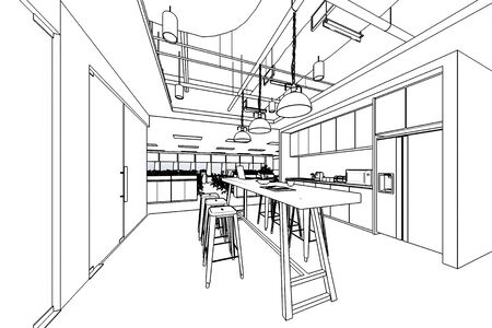 interior outline sketch drawing perspective of a space officeの写真素材