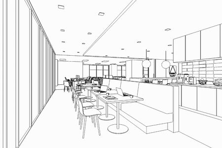 interior outline sketch drawing perspective of a space officeの写真素材