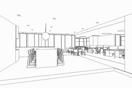 interior outline sketch drawing perspective of a space officeの写真素材