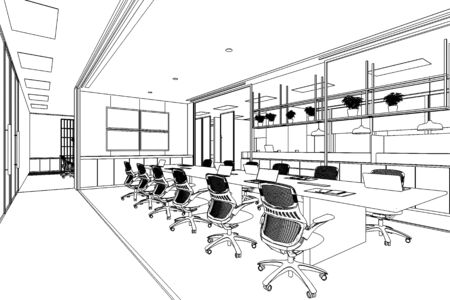interior outline sketch drawing perspective of a space officeの写真素材