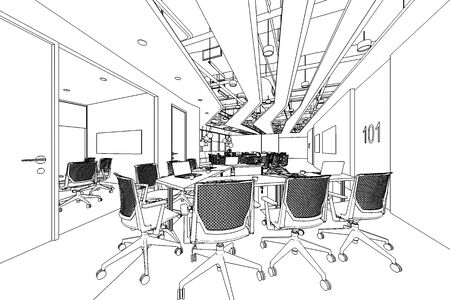 interior outline sketch drawing perspective of a space officeの写真素材