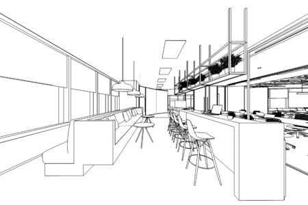interior outline sketch drawing perspective of a space officeの写真素材