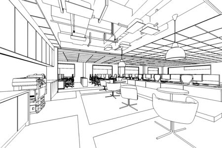 interior outline sketch drawing perspective of a space officeの写真素材