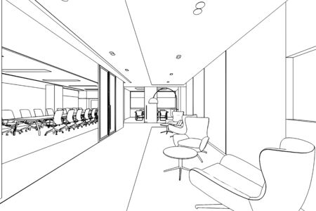 interior outline sketch drawing perspective of a space officeの写真素材