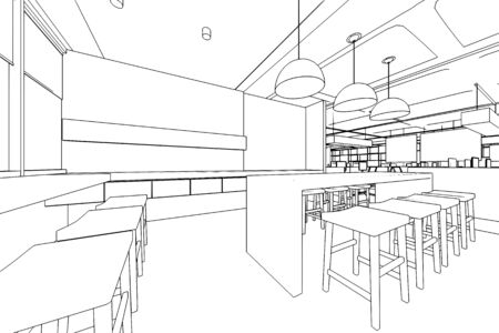 interior outline sketch drawing perspective of a space officeの写真素材