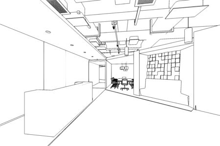 interior outline sketch drawing perspective of a space officeの写真素材