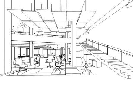 interior outline sketch drawing perspective of a space officeの写真素材