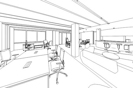 interior outline sketch drawing perspective of a space officeの写真素材