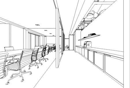interior outline sketch drawing perspective of a space officeの写真素材