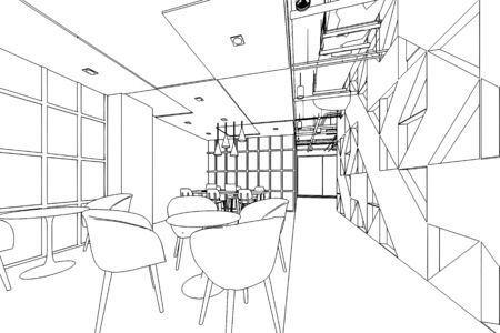 interior outline sketch drawing perspective of a space officeの写真素材