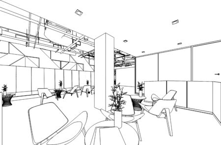 interior outline sketch drawing perspective of a space officeの写真素材