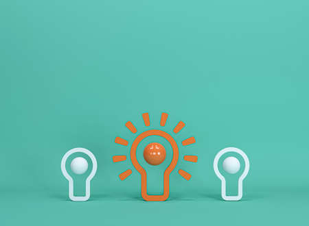 Orange lightbulb outstanding among white light bulb green background. Minimal concept.Idea.Flat lay. 3d render.の写真素材