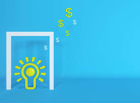 Abstract Idea lightbulb colorful blue background. Minimal concept.Idea.Flat lay.Top view. 3d rendering.の写真素材