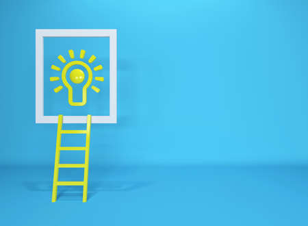 Stair to yellow lightbulb outstanding blue background. Minimal concept.Idea.Flat lay. 3d render.の写真素材