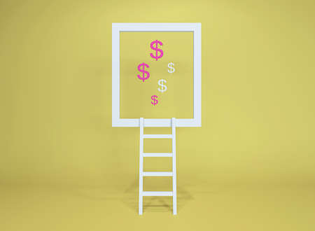 Abstract Idea stair to money colorful yellow background. Minimal concept.Idea.Flat lay.Top view. 3d rendering.の写真素材