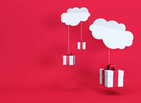 white gift box hanging cloud red background. Minimal christmas concept idea.3d render.の写真素材