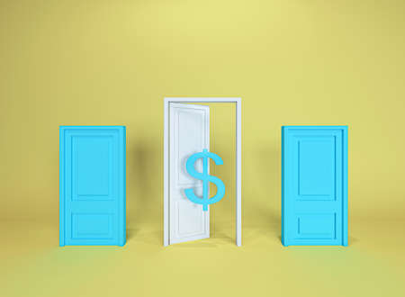 Open whithe door and green closed door abstract Idea money sign colorful yellow background. Minimal concept.Idea.Flat lay. 3d render.の写真素材