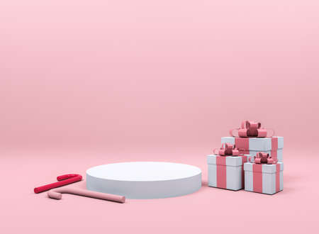White gift box red ribbon with cloud in blue background. Minimal Christmas concept idea 3d render.の写真素材