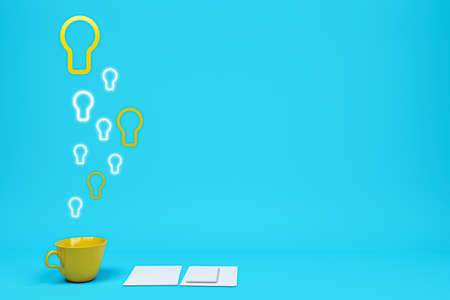 Light bulb idea teacup among workset outstanding blue background minimal concept idea 3d renderの写真素材