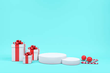 White gift box red ribbon among candy blue background minimal Christmas concept idea 3d render podium for product display 3d rendering.の写真素材