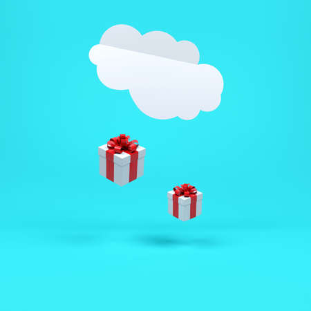 White gift box red ribbon drop from cloud in blue background minimal Christmas concept idea 3d render.の写真素材