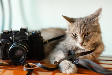 a beautiful intelligent cat lies with a film camera around its neck