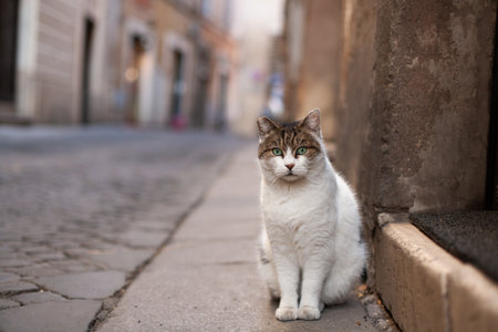 a beautiful cat walks on the streets of the cityの写真素材
