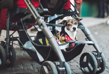 funny little dog riding in a baby carriage from belowの写真素材